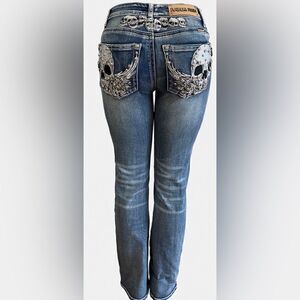 Platinum Plush Half Skull Winged Rhinestone Jeans